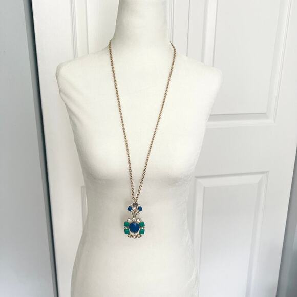 J.Crew Acrylic and Crystal Studded Peacock Blue Pendant Necklace on Gold Chain - Picture 2 of 7